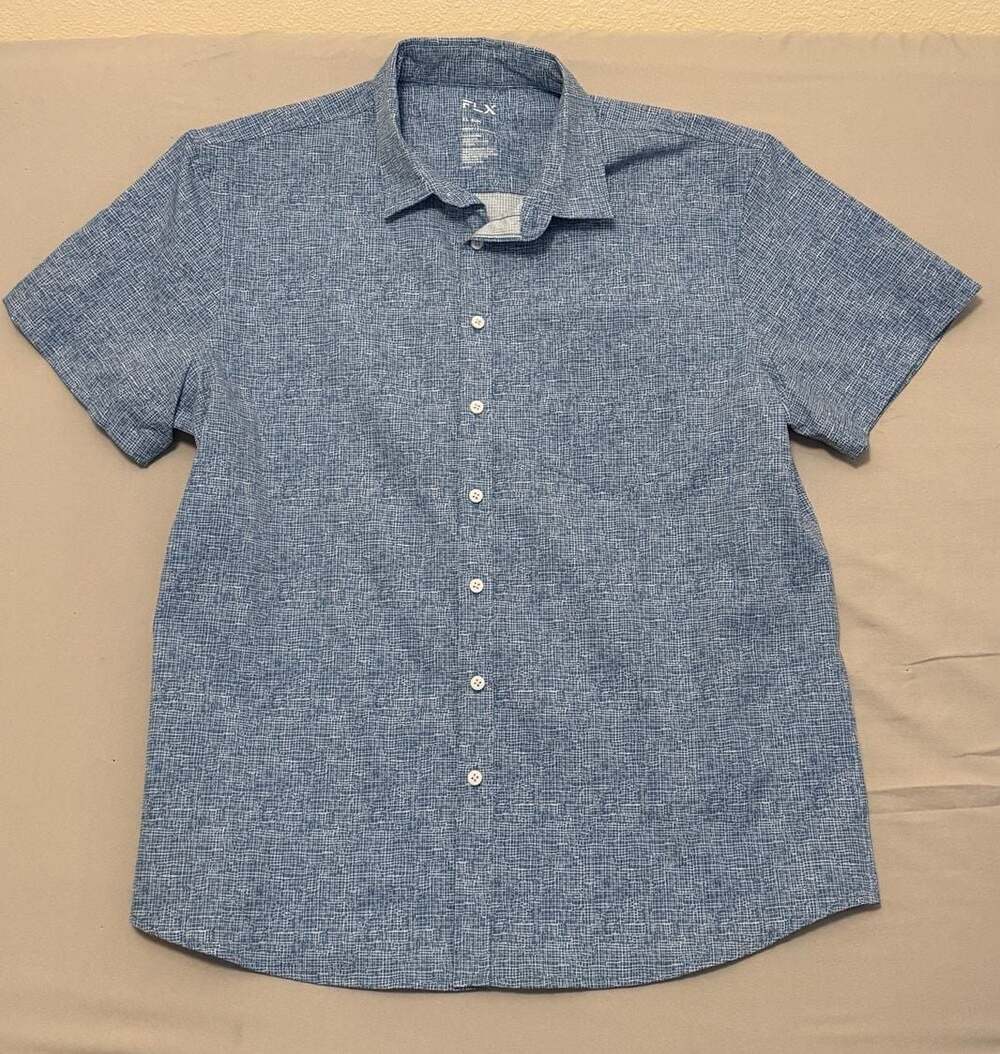 FLX Urban Commuter Short Sleeve Button Down Shirt Blue Grid Print XL Slim